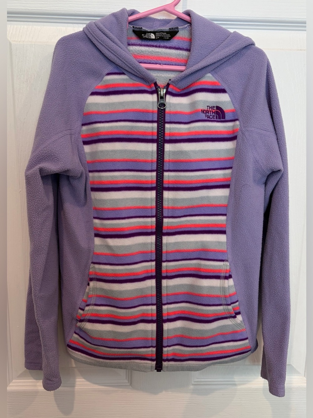 The North Face Purple Striped Fleece Hoodie Jacket Girls Size 7/8 Small